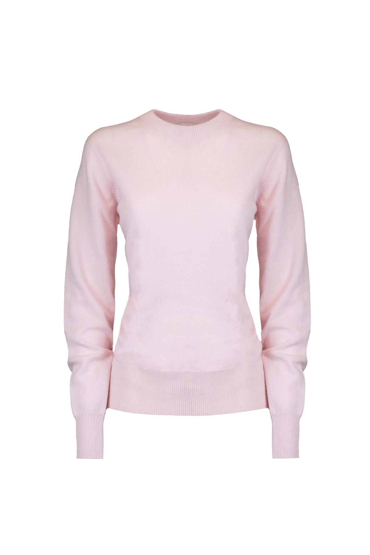 Soft pink cashmere crewneck sweater, 100% cashmere for luxurious everyday elegance.