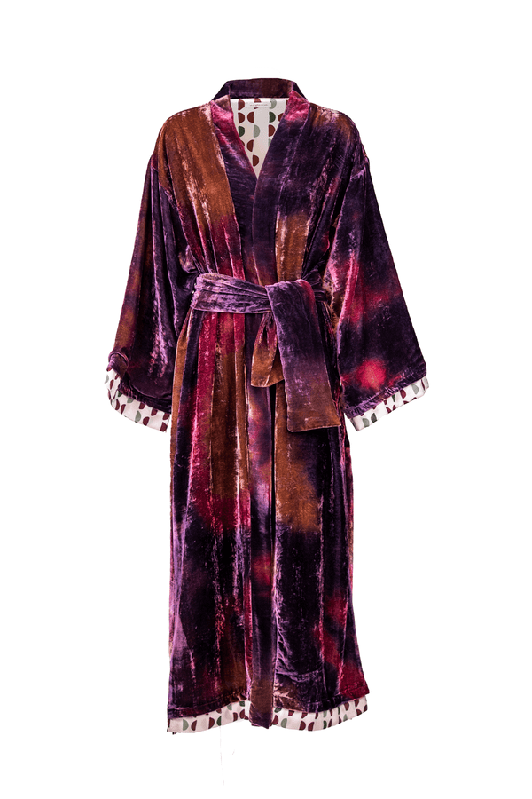 Elegant kimono robe in rich purple and orange velvet with printed lining and tassel details.