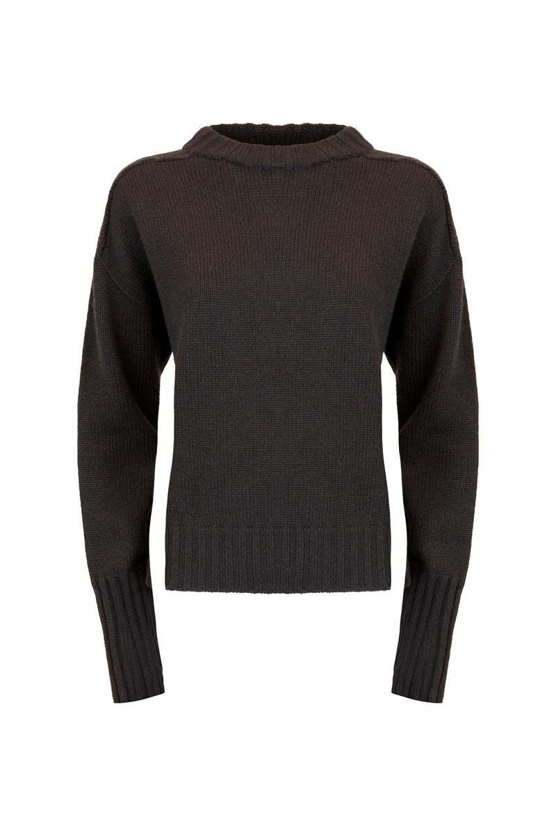 Maglia girocollo over in cashmere, elegante e confortevole, disponibile in tonalità scura, vestibilità loose.