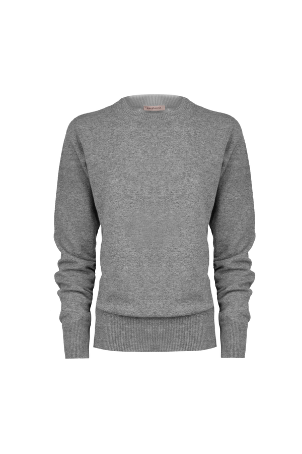 Grey cashmere crewneck sweater, 100% soft cashmere, elegant and lightweight, perfect for everyday luxury.