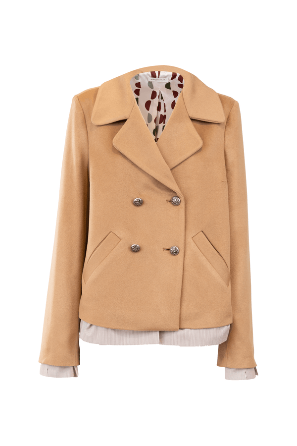 Stylish camel peacoat made of 100% cashmere featuring double-breasted buttons and side pockets.