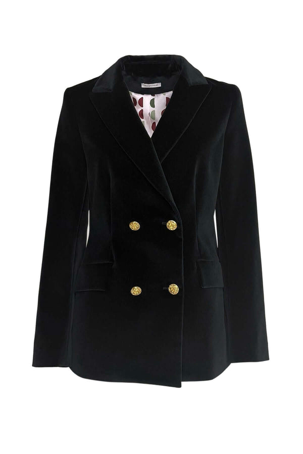Elegante giacca doppio petto in velluto liscio, nera, con bottoni dorati e dettagli raffinati per un look sofisticato.