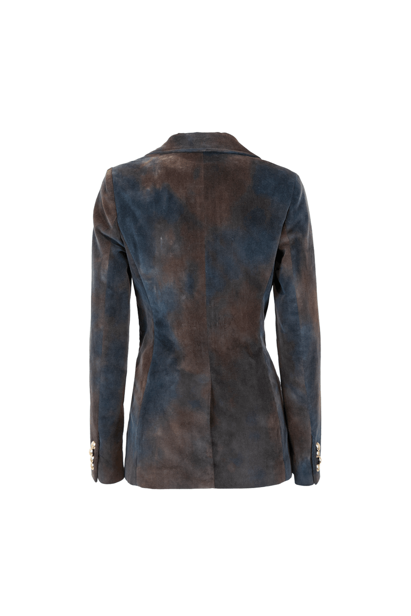 Back view of a double-breasted velvet striped jacket in blue and brown tones, showcasing elegant tailoring.
