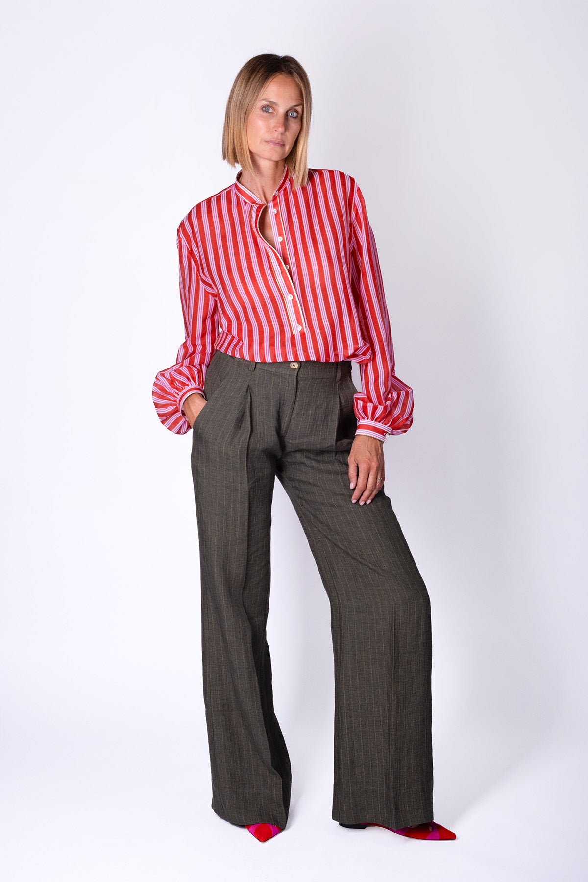 PANTALONE LINO GESSATO VERDE MILITARY