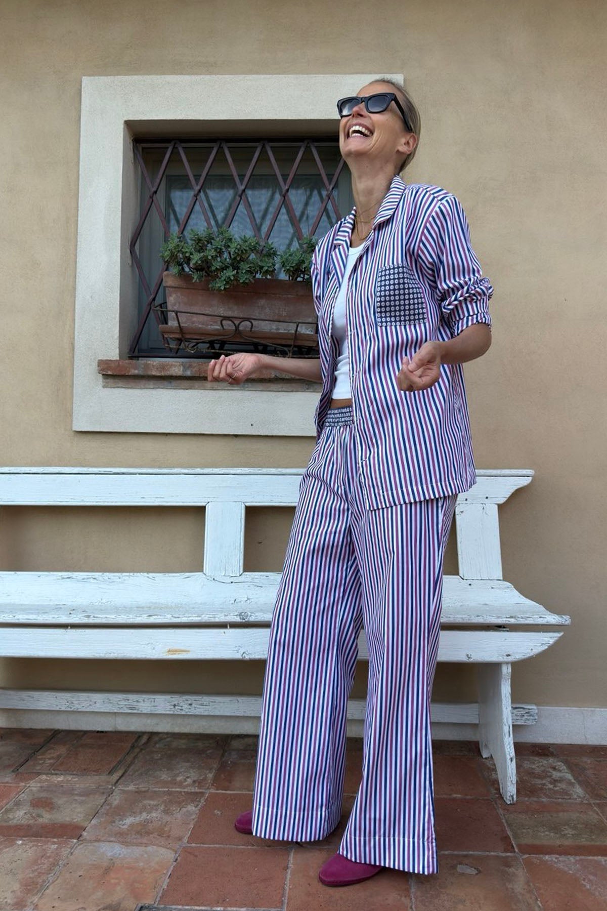 PIGIAMA LUNGO COTONE RIGATO BLU-ROSA