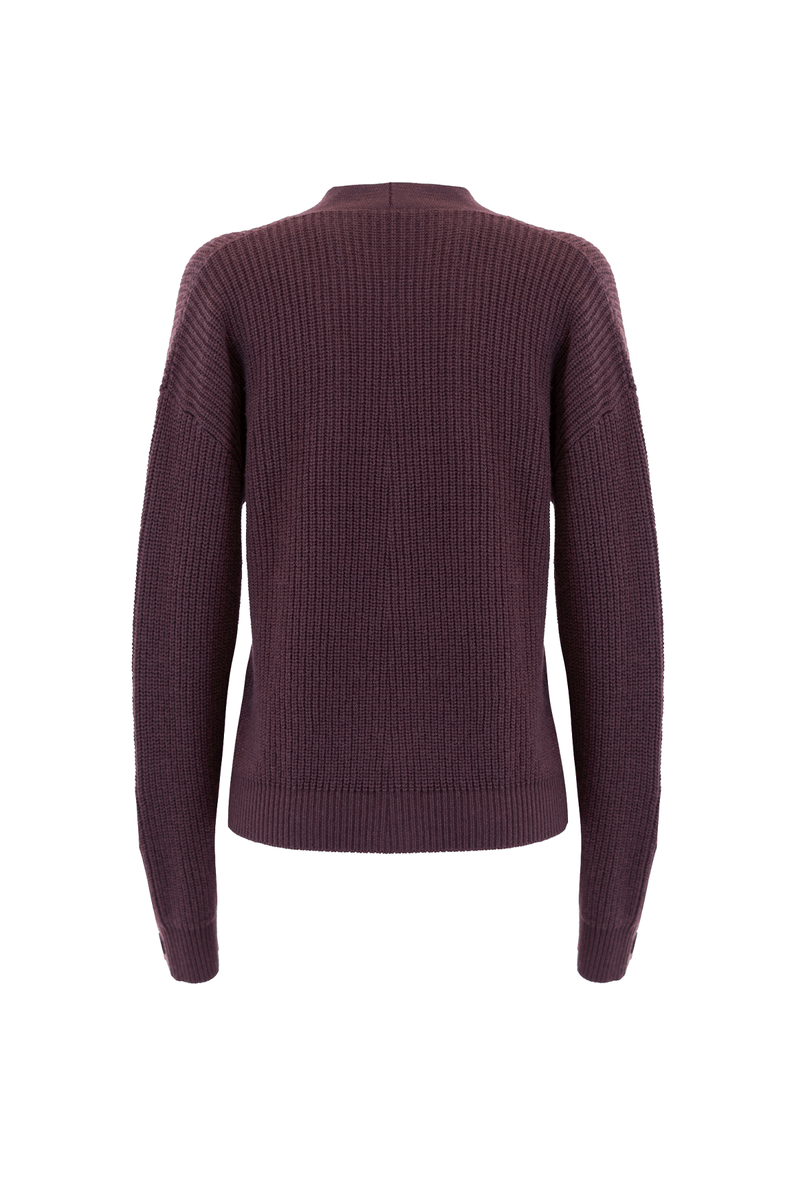 Back view of a luxurious 100% cashmere cardigan in a rich purple color, featuring a ribbed texture for added style.