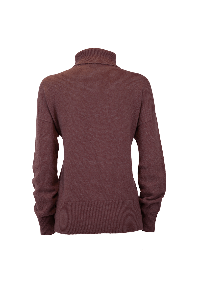 Back view of a cozy brown cashmere turtleneck sweater, showcasing its soft fabric and relaxed fit.