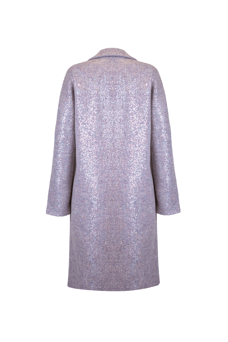 Back view of CAPPOTTO BOUCLE PAILLETES coat, showcasing its elegant sparkle and luxe fabric.