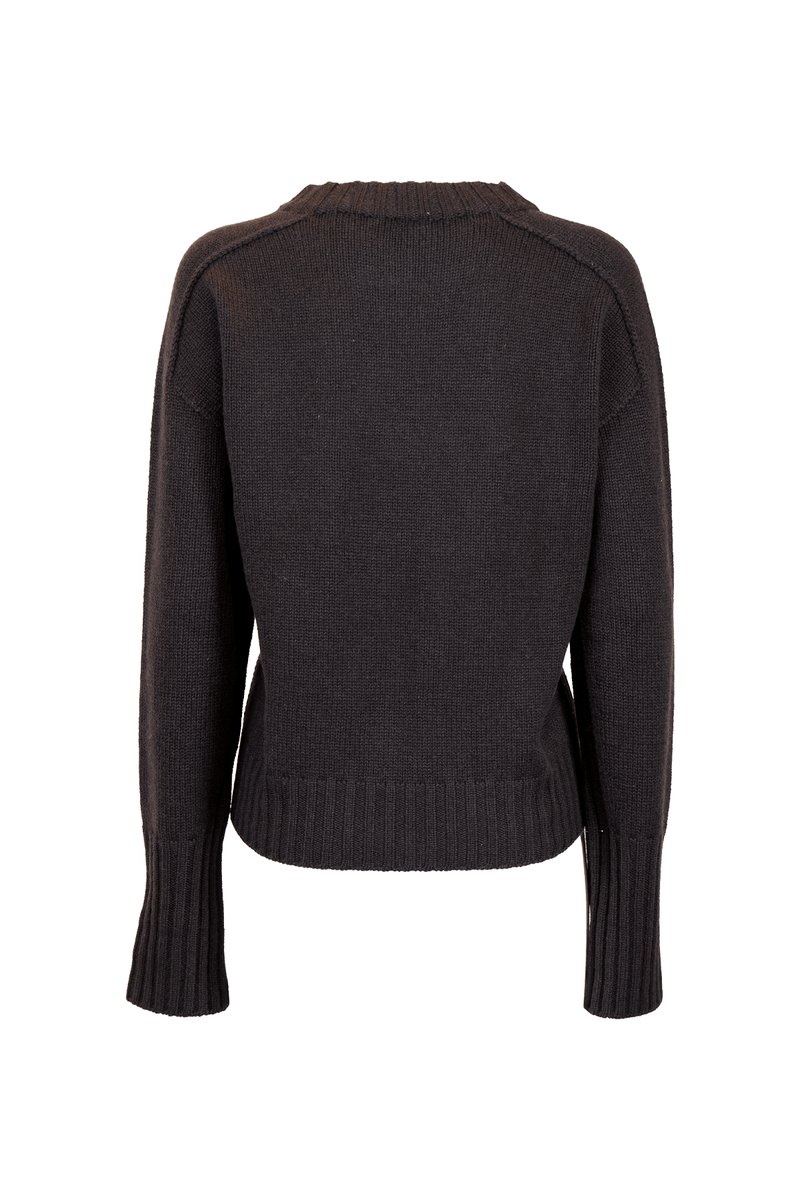 Back view of a loose-fit cashmere crewneck sweater in dark gray, showcasing ribbed cuffs and hem.