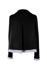 Back view of a black cashmere peacoat with a tailored fit and stylish collar.