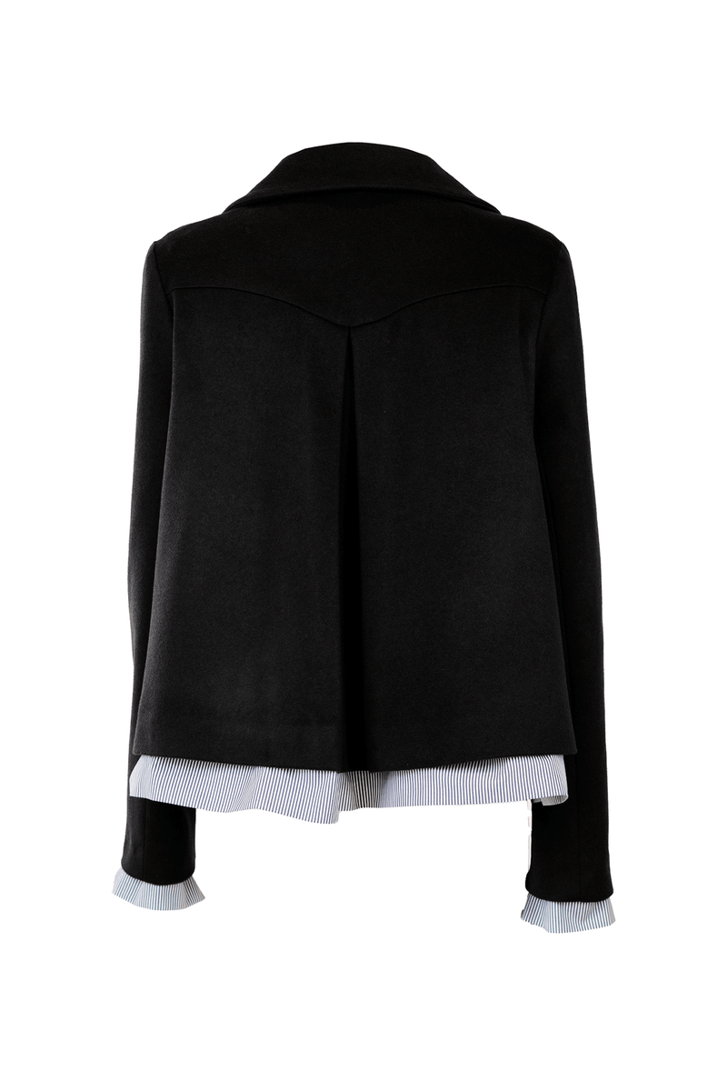 Back view of a black cashmere peacoat with a tailored fit and stylish collar.