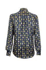 Back view of a feminine silk shirt featuring a geometric print in navy, yellow, and pink tones with a classic collar.