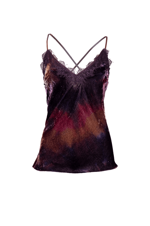 Top Pizzo Velluto in degradé velvet with lace details, perfect for layering or wearing solo.