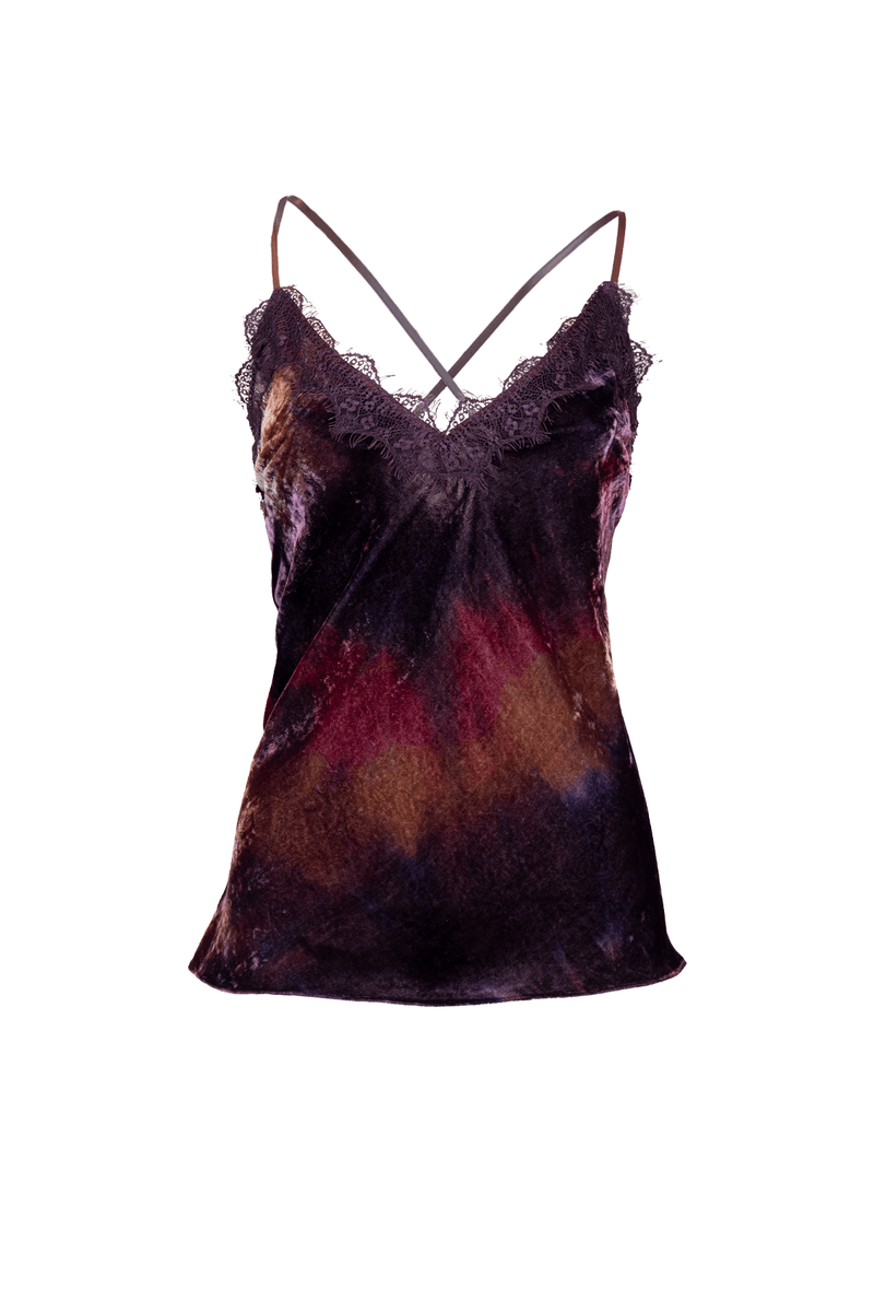 Top Pizzo Velluto in degradé velvet with lace details, perfect for layering or wearing solo.