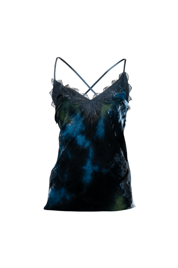 Top Pizzo Velluto in blue and green tie-dye velvet with lace details and crisscross straps.
