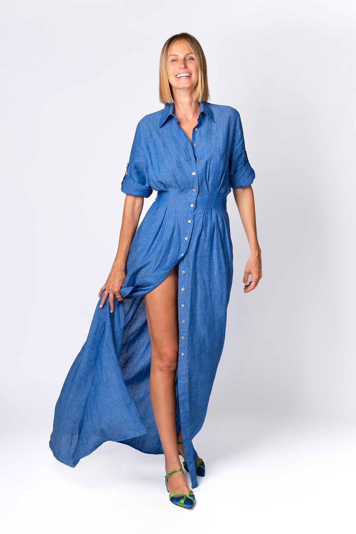 ABITO CHEMISIER LINO BLU CINA